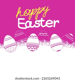 Easter poster and banner template with Easter eggs. Greetings and presents for Easter Day in flat lay styling on red. Promotion and shopping template for Happy Easter. Greeting card. Spring holiday