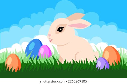 Easter poster and banner template with Easter eggs. Greetings and presents for Easter Day with rabbit. Promotion and shopping template bunny for Happy Easter. Greeting card. Spring holiday