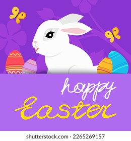 Easter poster and banner template with Easter eggs. Greetings and presents for Easter Day with rabbit. Promotion and shopping template bunny for Happy Easter. Greeting card. Spring holiday