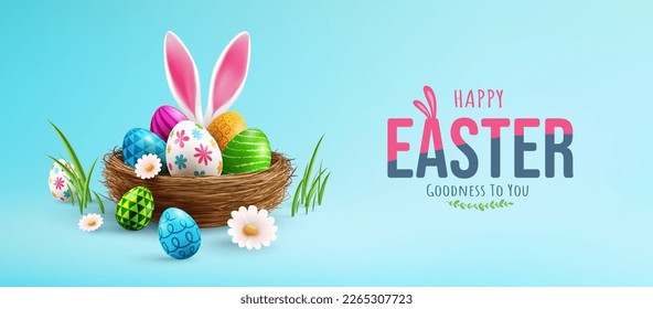 Easter poster and banner template with Easter eggs and bunny ears in the nest.Greetings and presents for Easter Day in flat lay styling.Promotion and shopping template for Easter