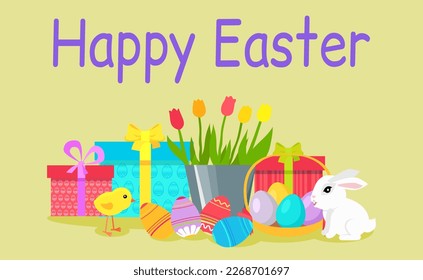 Easter poster and banner template with Easter eggs and cute bunny on yellow background with tulips. Greetings and presents for Easter Day with traditional attributes. International spring holiday