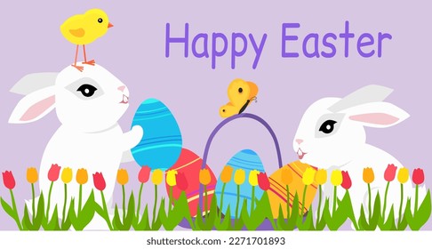 Easter poster and banner template with Easter eggs and cute bunny on purple background with tulips. Greetings and presents for Easter Day with traditional attributes. International spring holiday