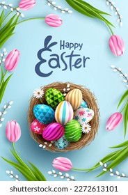 Easter poster and banner template with Easter eggs in the nest on light green background.Greetings and presents for Easter Day in flat lay styling.Promotion and shopping template for Easter