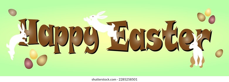 Easter poster and banner template with Easter eggs and cute white rabbits. Place for your text. Modern concept of light green background.