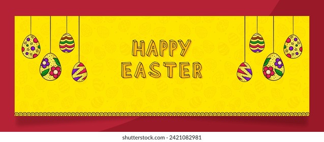 Afiche de Pascua y plantilla de pancarta con fondo amarillo brillante de huevos de Pascua.  Saludos y regalos para el Día de Pascua en estilo laico.