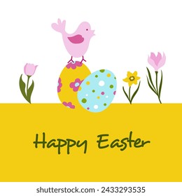 Póster de Pascua y plantilla de banner con huevos de Pascua y 
 Flores. Diseño vectorial en un estilo plano. Promoción y plantilla de compra