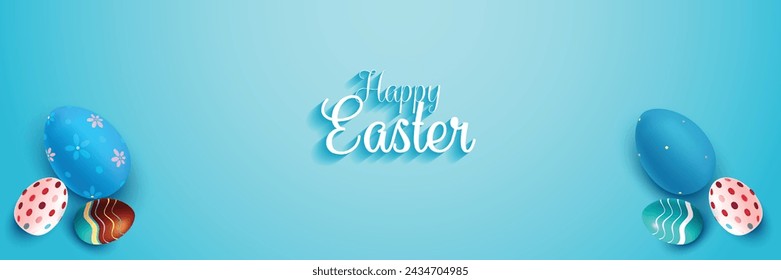 Easter poster and banner template with Easter eggs background. Greetings and presents for Easter Day in flat lay styling. Promotion and shopping template for Easter.