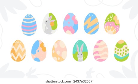 Easter poster and banner template with Easter eggs on a white background. Congratulations and gifts for Easter in flat style. Easter promotion and shopping template