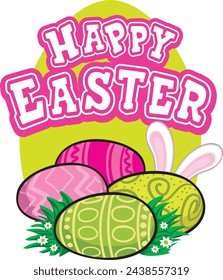 Easter poster and banner template with Easter eggs in grass on light green background. Greetings and presents for Easter Day in flat vector illustration. Promotion and shopping template for Easter.