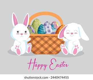Easter poster and banner template with Easter eggs in the nest on light green background.Greetings and presents for Easter Day in flat lay styling.Promotion and shopping template for Easter