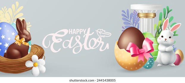Póster de Pascua y plantilla de banner con huevos de Pascua en el nido en el fondo.Saludos y regalos para el Día de Pascua en estilo de la puesta plana.Promoción y plantilla de compras para banner, póster web, flyer, st