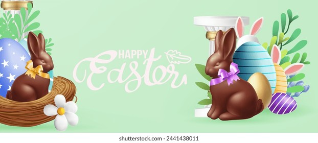 Easter poster and banner template with Easter eggs in the nest on background.Greetings and presents for Easter Day in flat lay styling.Promotion and shopping template for banner, web poster, flyer, st