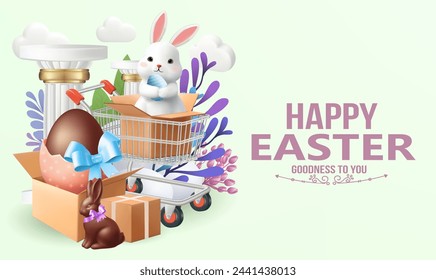 Easter poster and banner template with Easter eggs in the nest on background.Greetings and presents for Easter Day in flat lay styling.Promotion and shopping template for banner, web poster, flyer, st