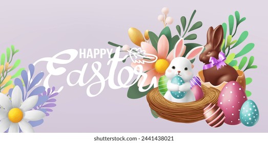 Easter poster and banner template with Easter eggs in the nest on background.Greetings and presents for Easter Day in flat lay styling.Promotion and shopping template for banner, web poster, flyer, st