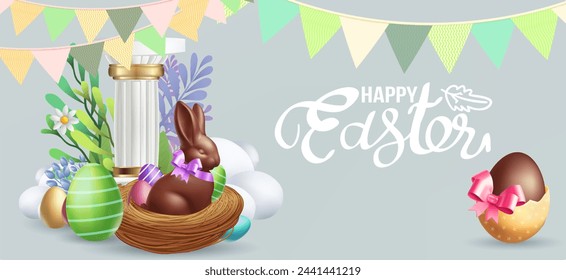 Easter poster and banner template with Easter eggs in the nest on background.Greetings and presents for Easter Day in flat lay styling.Promotion and shopping template for banner, web poster, flyer