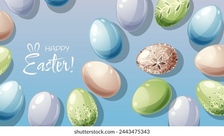 Easter poster and banner template with Easter eggs on a blue background. Spring illustration. Congratulations and gifts for Easter in cartoon style.