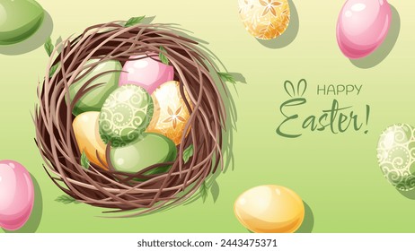Easter poster and banner template with Easter eggs in a nest on a green background. Spring illustration. Congratulations and gifts for Easter in cartoon style.