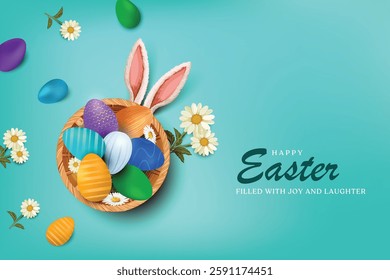 Easter poster and banner template with Easter eggs in the nest on light green background.Greetings and presents for Easter Day in flat lay styling.Promotion and shopping template for Easter