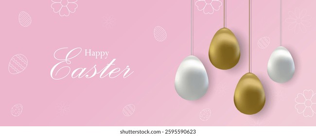 Easter poster and banner template Easter eggs in gold and white gradient style, Greetings card and presents for Easter Day. Promotion and shopping template for Easter day background with copy space.