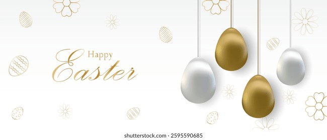 Easter poster and banner template Easter eggs in gold and white gradient style, Greetings card and presents for Easter Day. Promotion and shopping template for Easter day background with copy space.