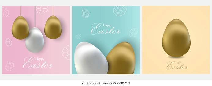 Easter poster and banner template Easter eggs in gold and white gradient style, Greetings card and presents for Easter Day. Promotion and shopping template for Easter day background with copy space.
