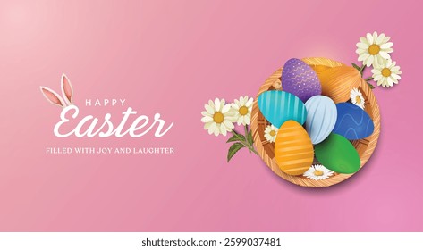 Easter poster and banner template with Easter eggs in the nest on light pink background. Greetings and presents for Easter Day in flat lay styling. Promotion and shopping template for Easter.