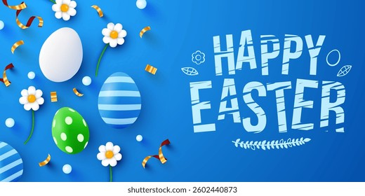 Easter poster and banner template with Easter eggs and flowers on light blue background. Promotion and shopping template for Easter. Vector illustration