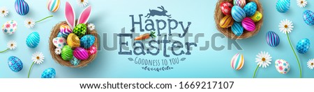Easter poster and banner template with Easter eggs in the nest on light green background.Greetings and presents for Easter Day in flat lay styling.Promotion and shopping template for Easter Сток-фото © 
