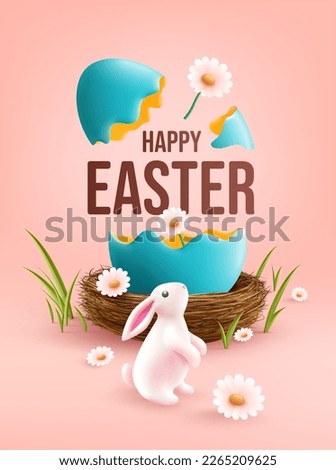 Easter poster and banner template with Easter eggs in the nest and Cute Bunny on light pink background.Greetings and presents for Easter Day.Promotion and shopping template for Easter