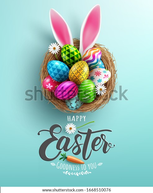 Easter
poster and banner template with Easter eggs in the nest on light
green background.Greetings and presents for Easter Day in flat lay
styling.Promotion and shopping template for
Easter