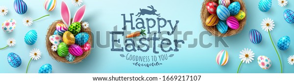 Easter
poster and banner template with Easter eggs in the nest on light
green background.Greetings and presents for Easter Day in flat lay
styling.Promotion and shopping template for
Easter