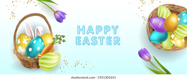 Osterplakat und Bannervorlage mit einer Blume und Ostereier in einem Korb auf dem Tisch und einer Draufsicht.Grüße und Geschenke für Ostern in einem realistischen Stil.Neon Grußkarte . Werbevorlage.