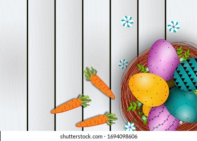 Easter poster and banner template with Fowler, carrots and Easter eggs in the nest on table.Greetings and presents for Easter Day in flat lay styling.Promotion and shopping template for Easter Day