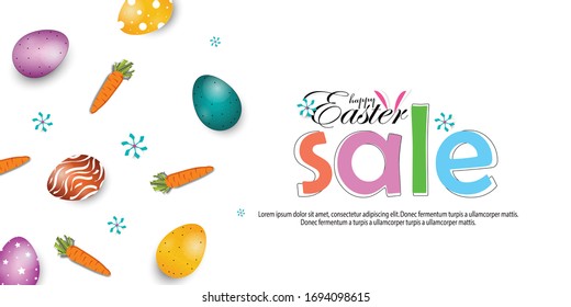 Easter poster and banner template with Fowler, carrots and Easter eggs in the nest on white background. Promotion and shopping template for Easter Day