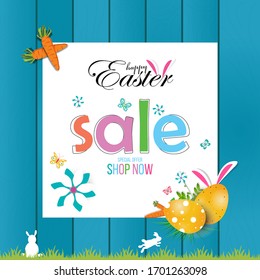 Afiche de Pascua y pancarta con Fowler, zanahorias y huevos de Pascua sobre la mesa. Saludos y regalos para el Día de Pascua en estilo laico. Plantilla de promoción y compras para el Día de Pascua