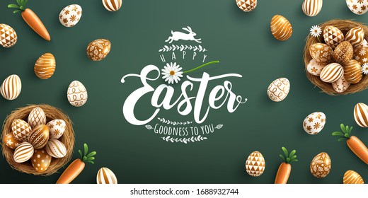 Easter poster and banner template with golden Easter eggs in the nest on green background.Greetings and presents for Easter Day in flat lay styling.Promotion and shopping template for Easter