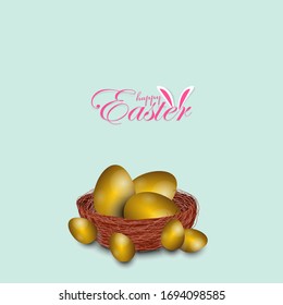 Easter poster and banner template with golden Easter eggs in the nest on on light blue background.Greetings and presents for Easter Day in flat lay styling.Promotion and shopping template for Easter