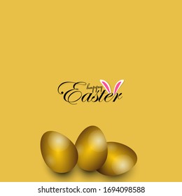 Easter poster and banner template with golden Easter eggs on yellow background.Greetings and presents for Easter Day in flat lay styling.Promotion and shopping template for Easter