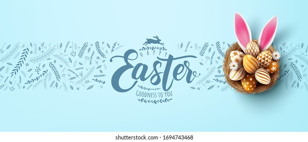 Easter poster and banner template with golden Easter eggs in the nest on blackboard.Greetings and presents for Easter Day in flat lay styling.Promotion and shopping template for Easter