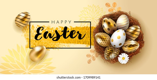 Afiche de Pascua o pancarta con huevos dorados de Pascua en el nido con fondo beige claro. Saludos para la vista superior del Día de Pascua . Venta promocional y plantilla de compras para Semana Santa. Ilustración del vector