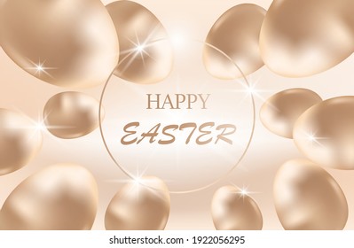 Easter poster or banner template with golden Easter eggs  in light beige background.  Greeting card trendy design. Vector illustration template for you poster or flyer.