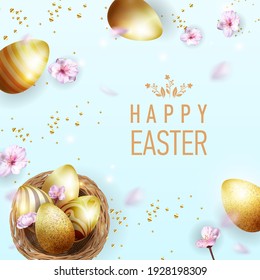 Easter poster and banner template with golden Easter eggs in a nest on a background of flowers and cherry petals.Greetings and gifts for Easter in a flat style.Promotion and purchase template.