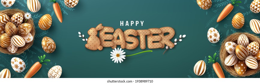 Easter poster and banner template with golden Easter eggs in the nest and Font of cracker biscuits on blackboard.Greetings and presents for Easter Day in flat lay styling.Banner template for Easter