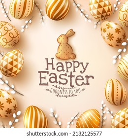 Afiche de Pascua y plancha de banner con huevos de pascua de oro y bizcocho de conejita. Saludos y regalos para el Día de Pascua con estilo de laya plana.Promoción y plantilla de compras para el Día de Pascua