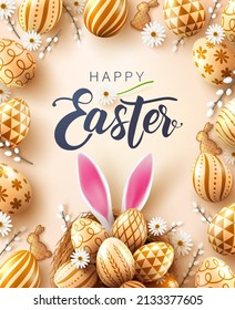 Easter poster and banner template with Golden easter eggs in the nest,cute bunny ears.Greetings and presents for Easter Day in flat lay styling