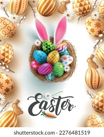 Easter poster and banner template with Golden easter eggs in the nest,cute bunny ears.Greetings and presents for Easter Day in flat lay styling.Promotion and shopping template for Easter