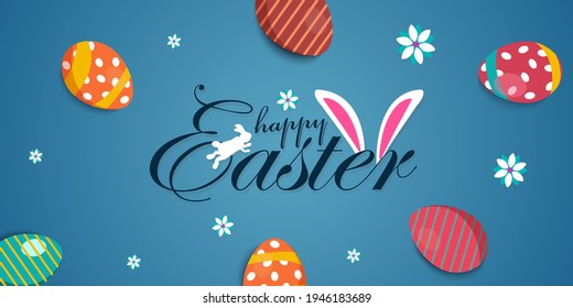 Easter poster and banner template on blue background.