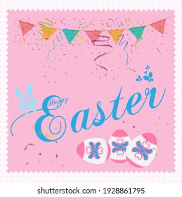 Easter poster and banner template with pink and white easter eggs with rabbit bunny and confetti party flags on pink background. Promotion and shopping template for Easter