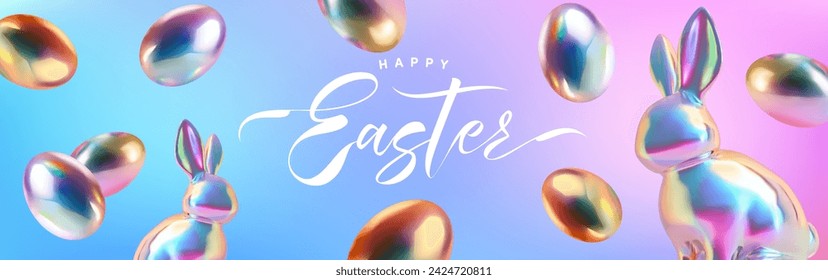 Easter poster and banner template with Rabbit and Easter eggs in colorful gradient metallic holographic style.Greetings and presents for Easter Day.Promotion and shopping template for Easter