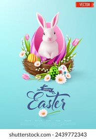 Easter poster and banner template with Rabbit inside a egg and Easter eggs in the nest on light blue background.Greetings and presents for Easter Day.Promotion and shopping template for Easter